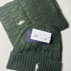 Ralph Lauren Olive Knit Beanie and Scarf Set